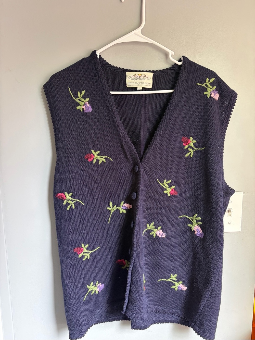 Susan Bristol Navy Knit Floral Button-Front Vest